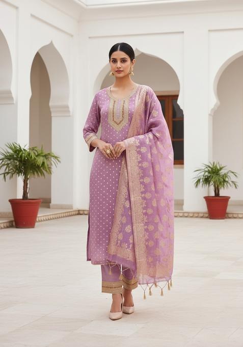 Purple Embroidery Shimmer Kurta Set
