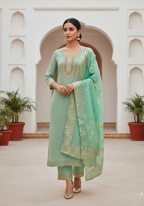 Lime Green Embroidery Shimmer Kurta Set