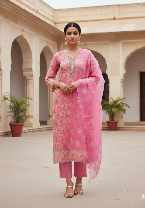 Pink Embroidery Shimmer Kurta Set