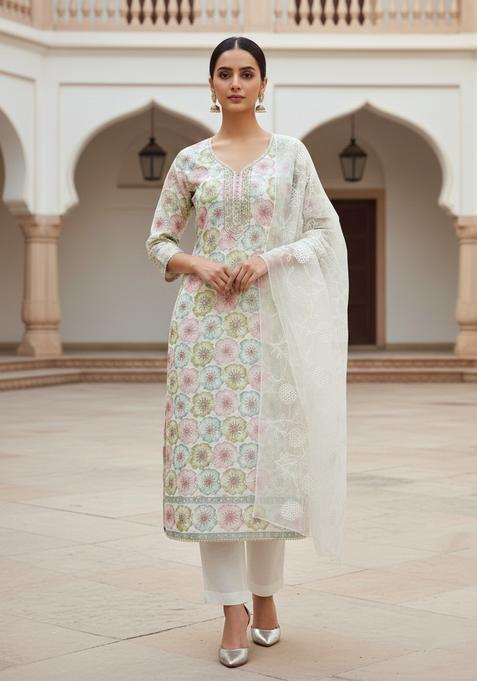 White Embroidery Shimmer Kurta Set