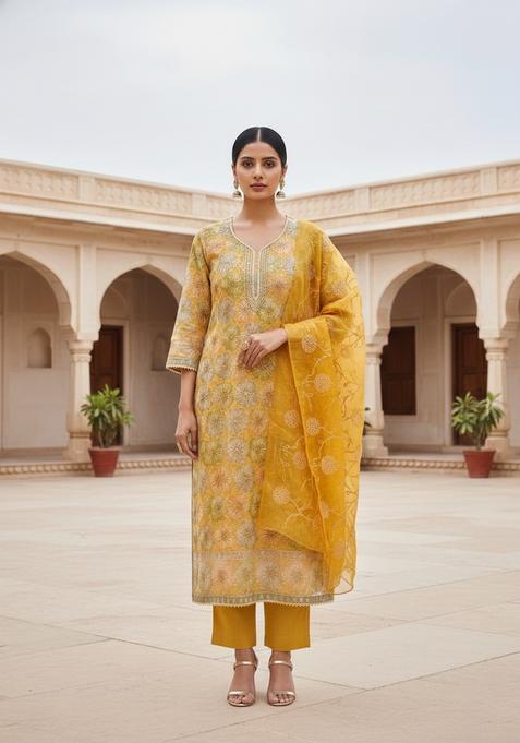 Yellow Embroidery Shimmer Kurta Set