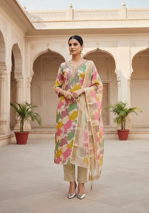 Multicolor Embroidery Shimmer Kurta Set