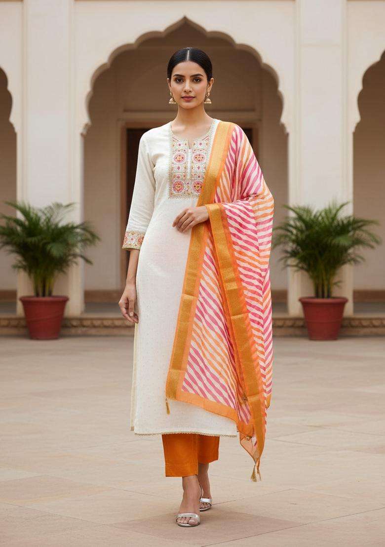 Orange Embroidery Shimmer Kurta Set - Indya
