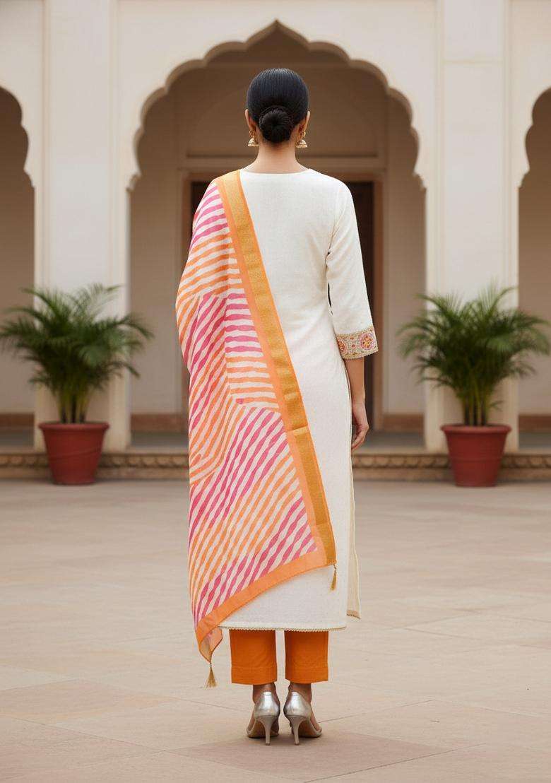 Orange Embroidery Shimmer Kurta Set - Indya