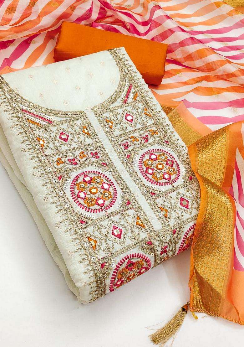 Orange Embroidery Shimmer Kurta Set - Indya