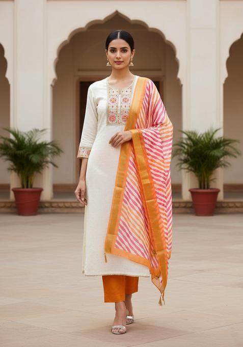 Orange Embroidery Shimmer Kurta Set