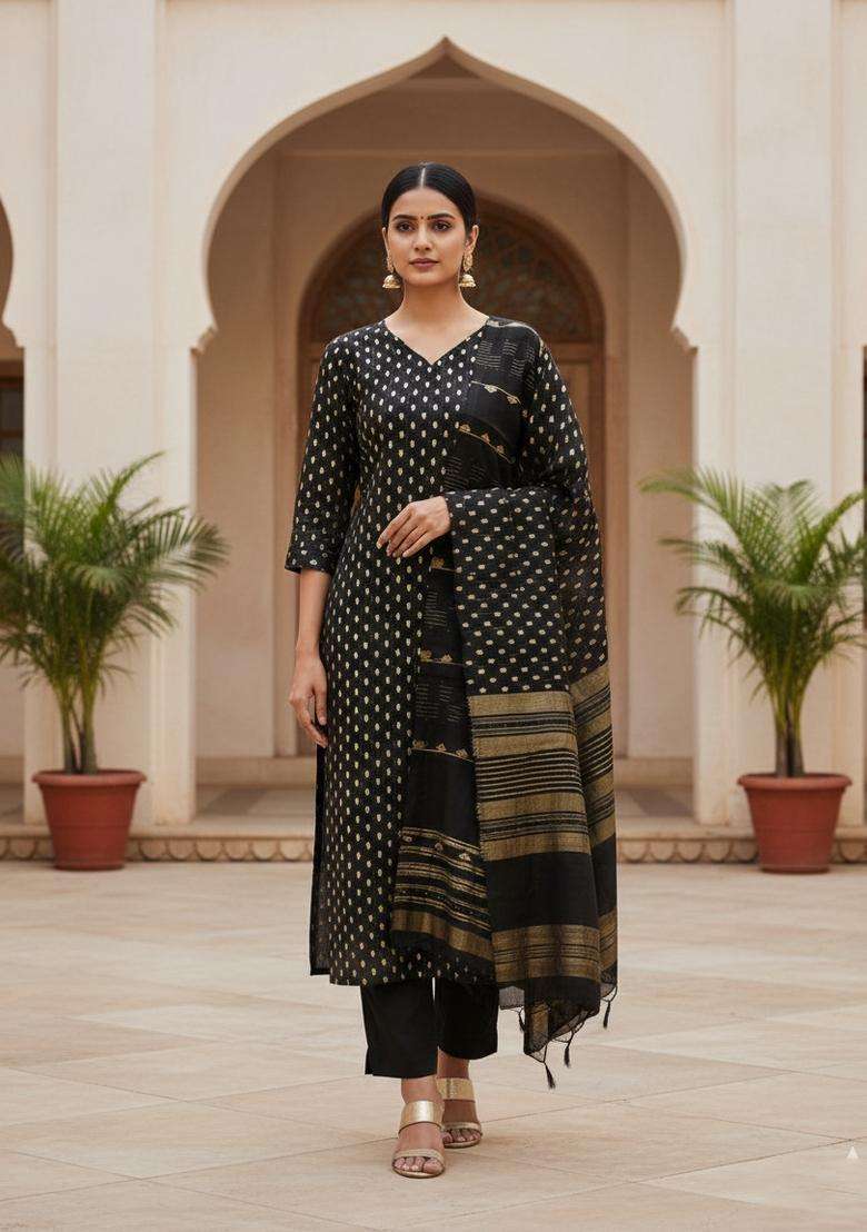 Black Embroidery Chanderi Kurta Set - Indya