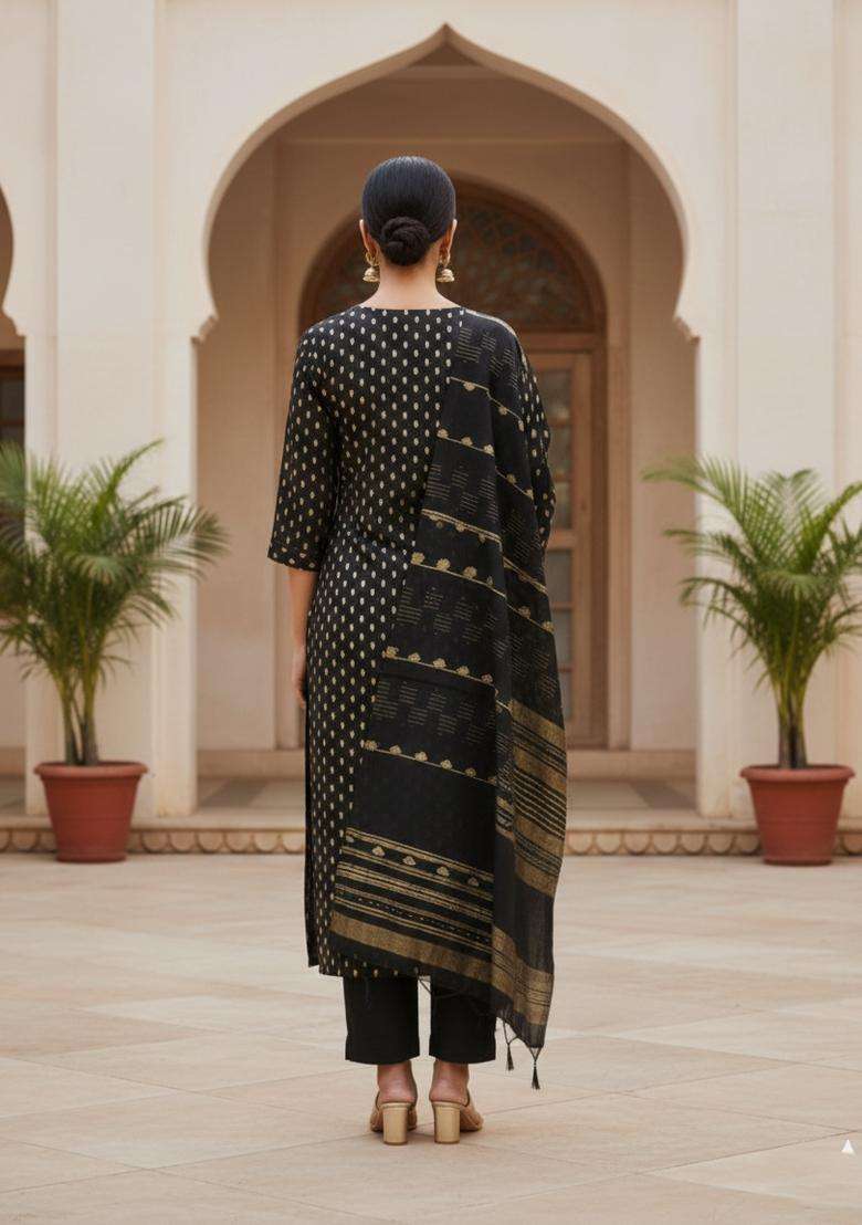 Black Embroidery Chanderi Kurta Set - Indya