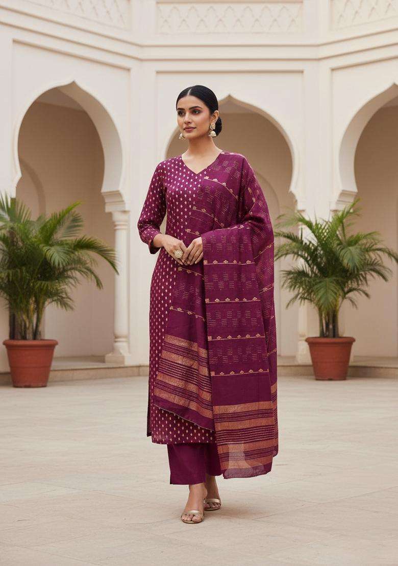 Lavender Embroidery Chanderi Kurta Set - Indya