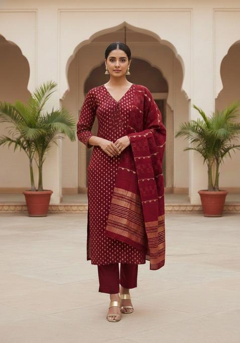 Maroon Embroidery Chanderi Kurta Set