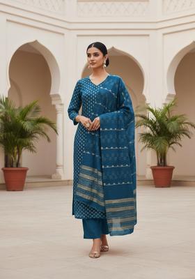 Dark Blue Embroidery Chanderi Kurta Set