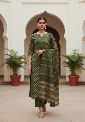Dark Green Embroidery Chanderi Kurta Set