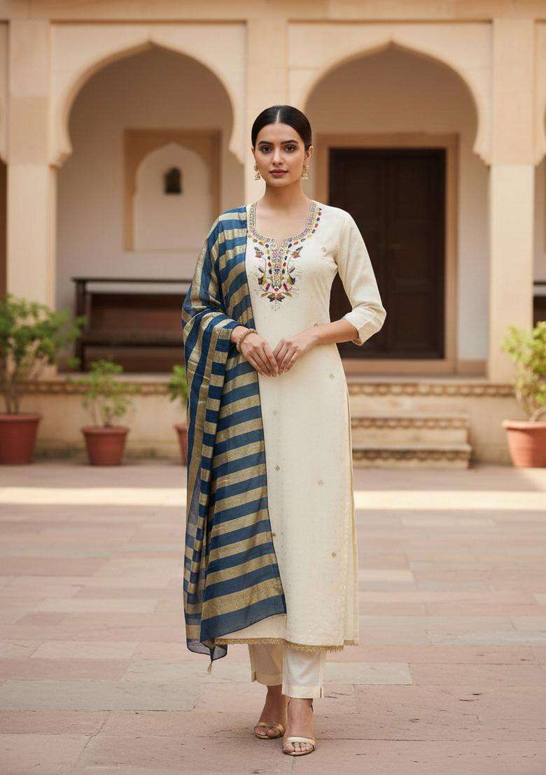 Dark Blue Embroidery Shimmer Kurta Set - Indya