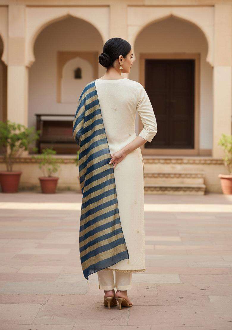 Dark Blue Embroidery Shimmer Kurta Set - Indya