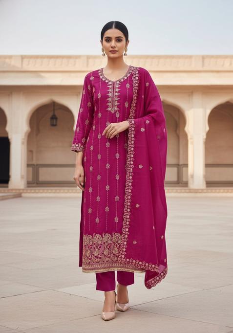 Pink Embroidery Shimmer Kurta Set
