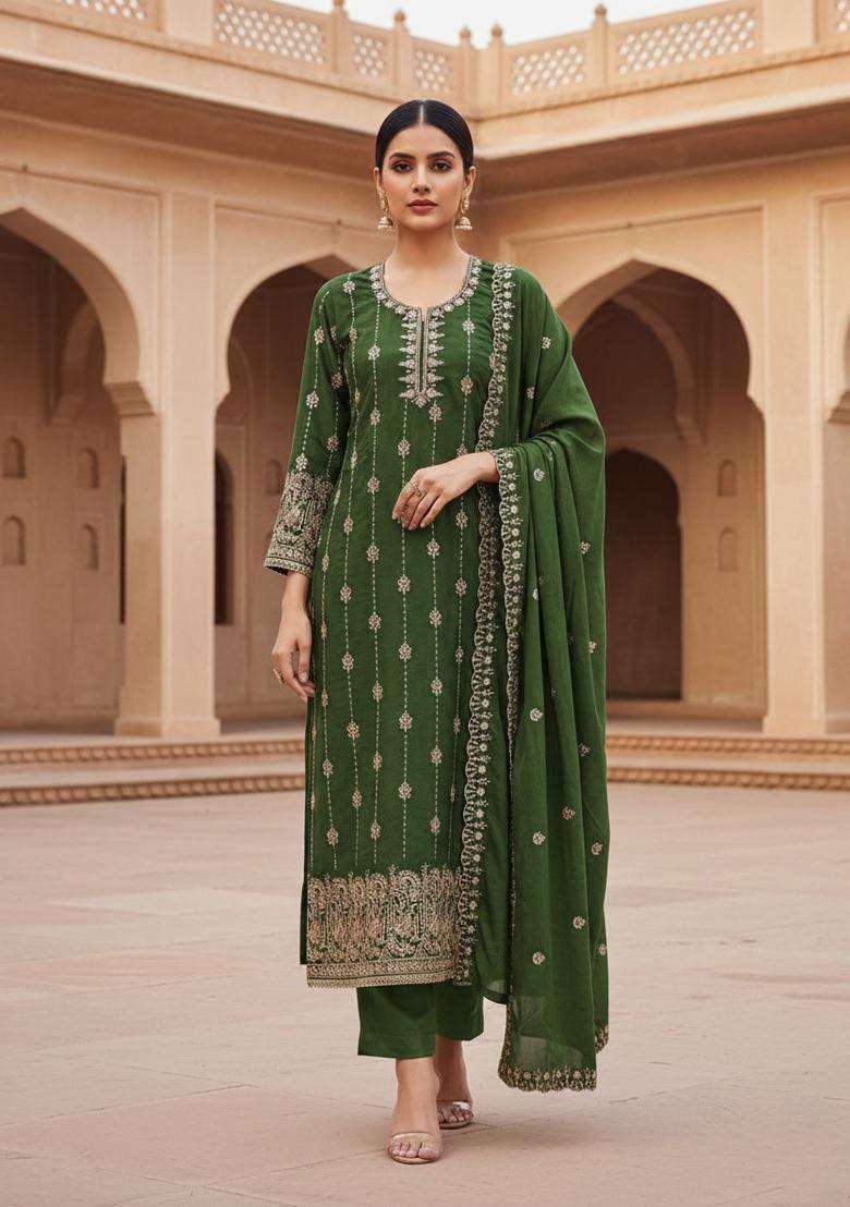 Dark Green Embroidery Shimmer Kurta Set - Indya
