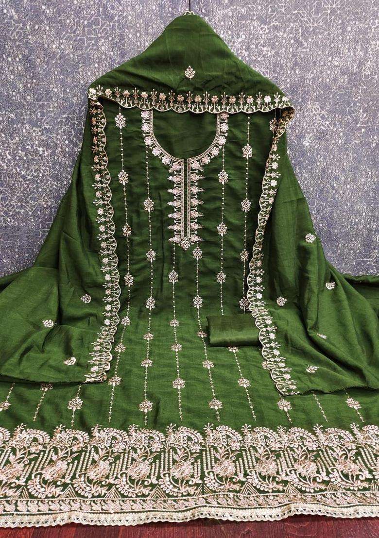 Dark Green Embroidery Shimmer Kurta Set - Indya
