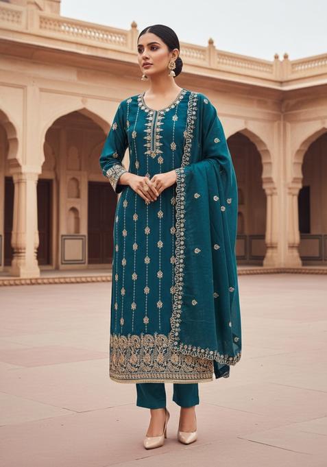 Teal Embroidery Shimmer Kurta Set