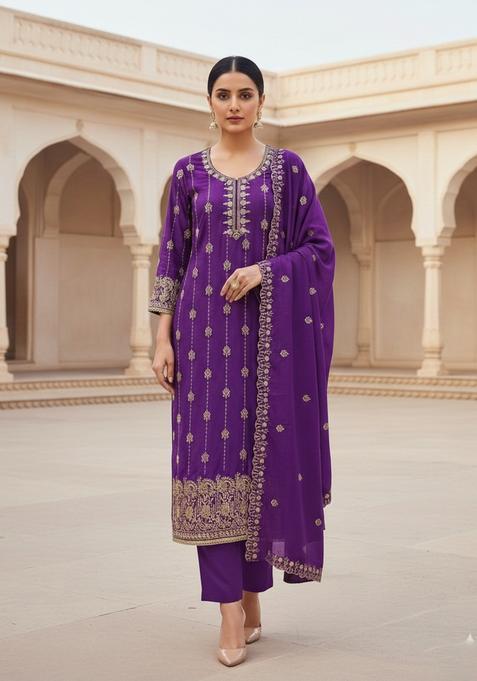 Purple Embroidery Shimmer Kurta Set