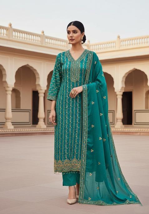 Teal Embroidery Silk Kurta Set