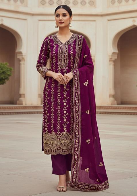 Maroon Embroidery Silk Kurta Set