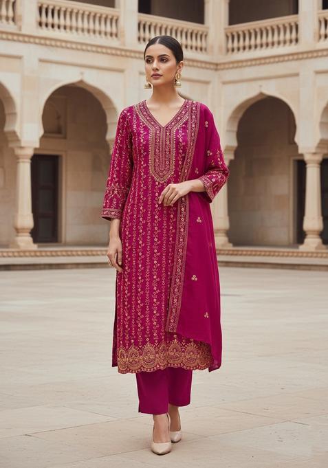 Pink Embroidery Silk Kurta Set