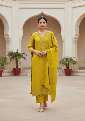 Mustard Embroidery Silk Kurta Set