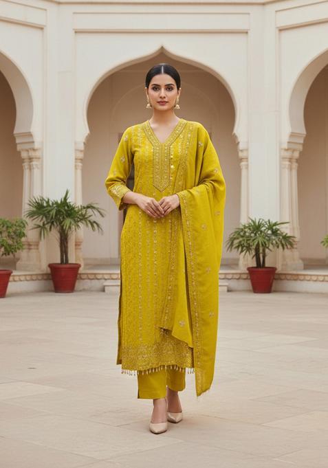 Mustard Embroidery Silk Kurta Set