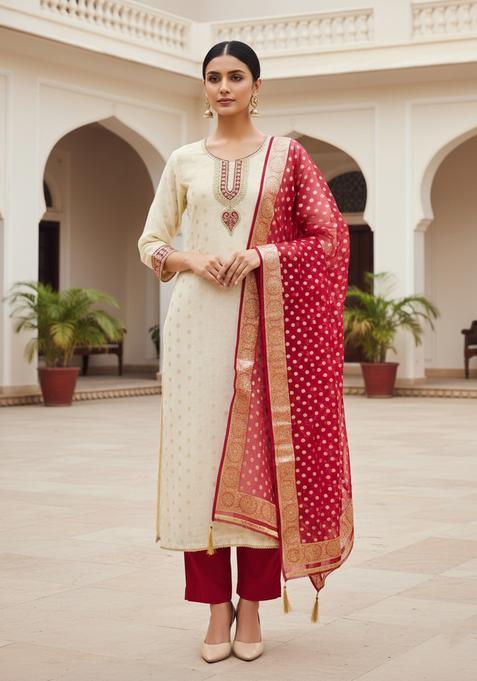 Red Embroidery Shimmer Kurta Set