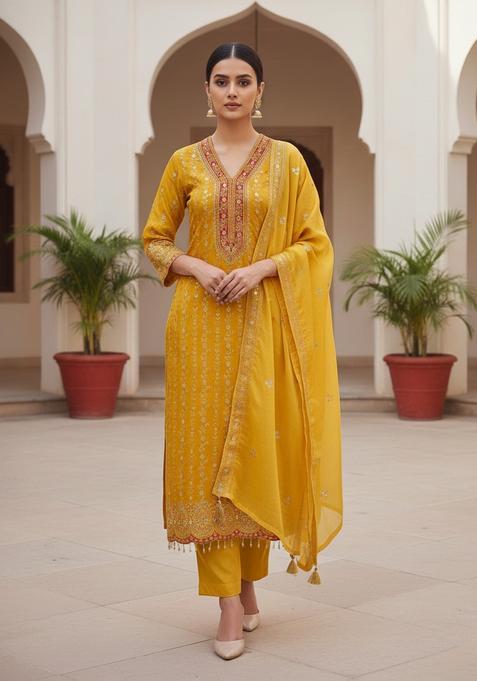 Yellow Embroidery Shimmer Kurta Set