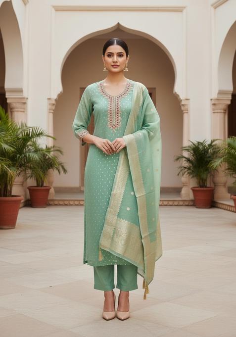 Lime Green Embroidery Shimmer Kurta Set