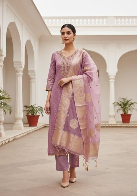 Pink Embroidery Shimmer Kurta Set