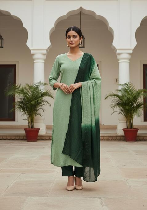 Lime Green Embroidery Chanderi Kurta Set