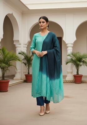 Navy Blue Embroidery Chanderi Kurta Set