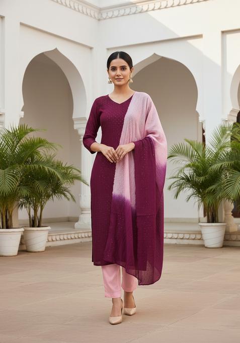 Maroon Embroidery Chanderi Kurta Set