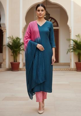 Dark Blue Embroidery Chanderi Kurta Set