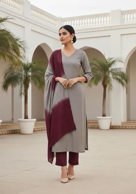 Grey Embroidery Chanderi Kurta Set
