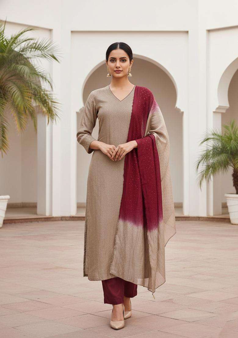 Cream Embroidery Chanderi Kurta Set - Indya