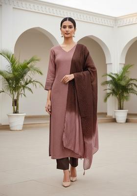 Mauve Embroidery Chanderi Kurta Set
