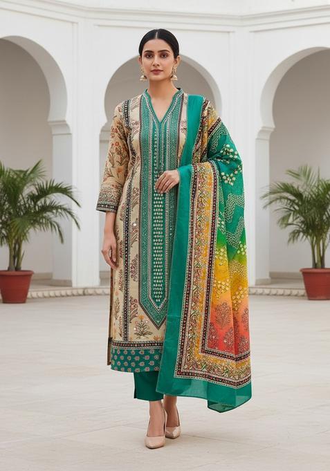 Teal Embroidery Chanderi Kurta Set