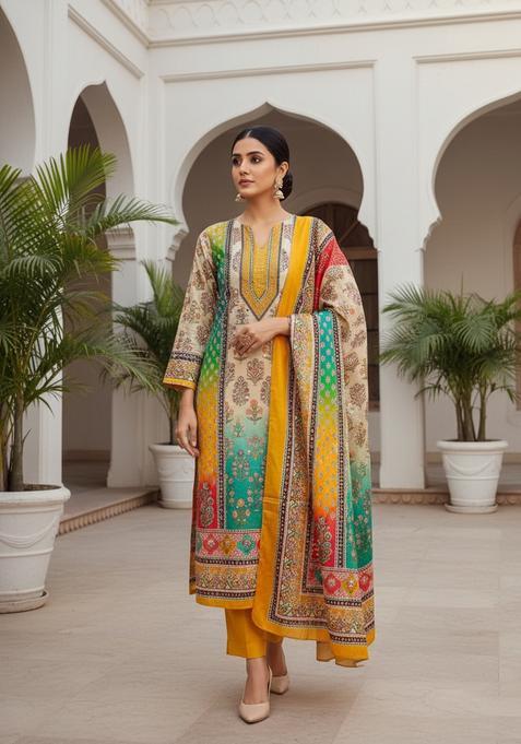 Yellow Embroidery Chanderi Kurta Set