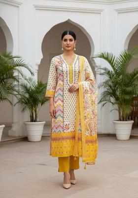 Yellow Embroidery Chanderi Kurta Set