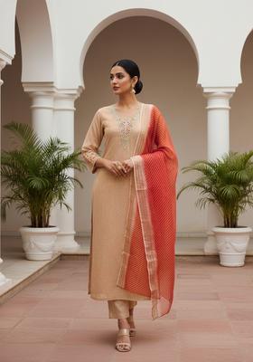 Cream Embroidery Shimmer Kurta Set