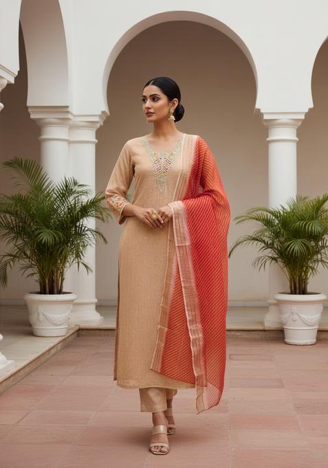 Cream Embroidery Shimmer Kurta Set