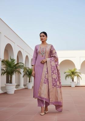 Peach Embroidery Silk Kurta Set