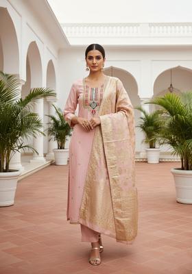 Cream Embroidery Silk Kurta Set