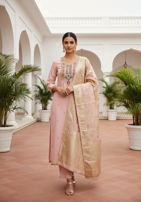 Cream Embroidery Silk Kurta Set