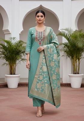 Teal Embroidery Silk Kurta Set