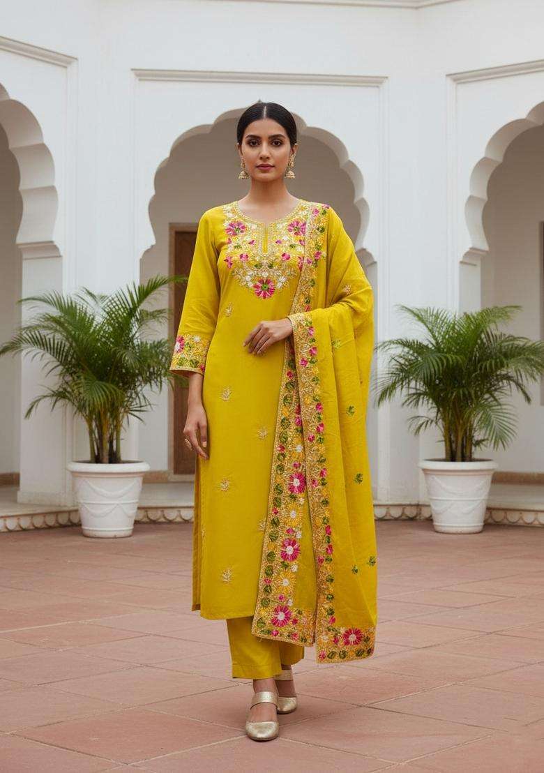 Yellow Embroidery Silk Kurta Set - Indya