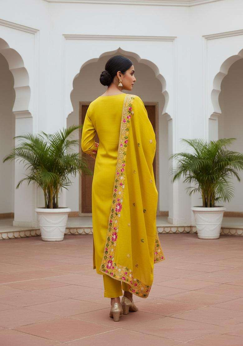 Yellow Embroidery Silk Kurta Set - Indya